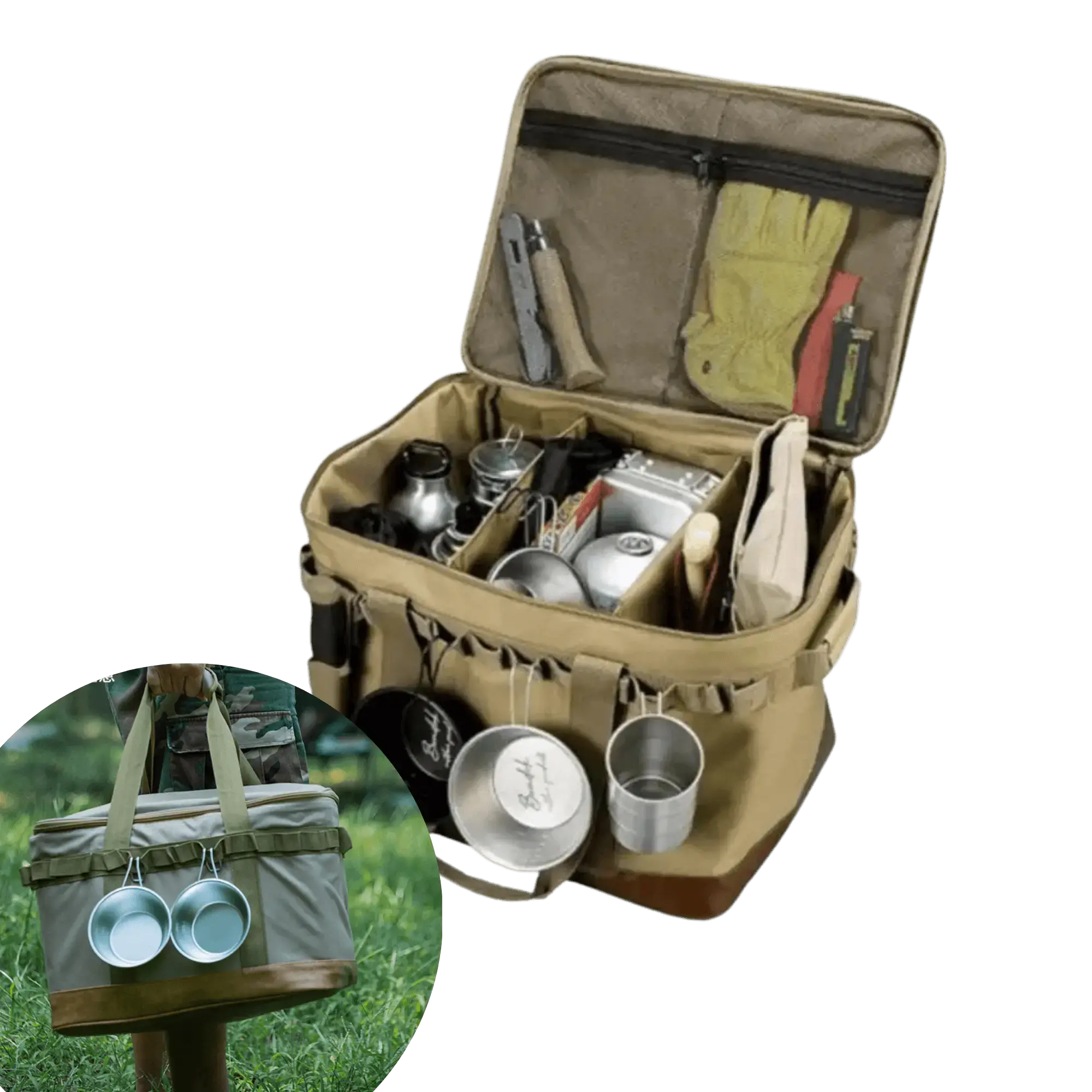 Boite de Transport Pliable pour Camping avec armature métallique, remplie d'équipements divers et tasse accrochée, sur fond d'herbe.