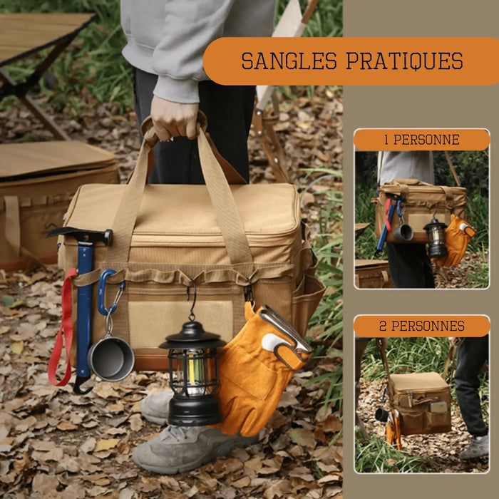 Sac de camping extérieur avec des sangles robustes, tenu par une personne dans un cadre forestier, montrant sa polyvalence pour 1 à 2 personnes.