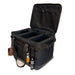 Boîte de transport pliable noire avec armature métallique, ouverte pour le camping ; montre des compartiments pour l'organisation.