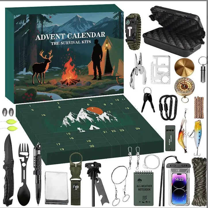 Calendrier de l’Avent Kit de Survie 24 en 1 – Cadeau de Noël Original pour Camping, Randonnée, Outdoor et Aventuriers