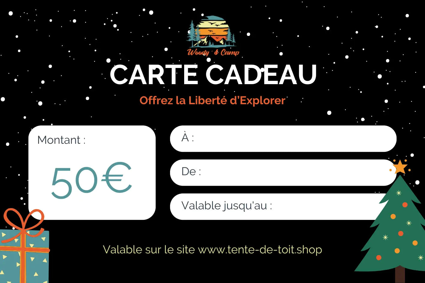 Carte cadeau de 50€ pour locations de tente de toit et accessoires de camping, valable 1 an, avec décoration festive.