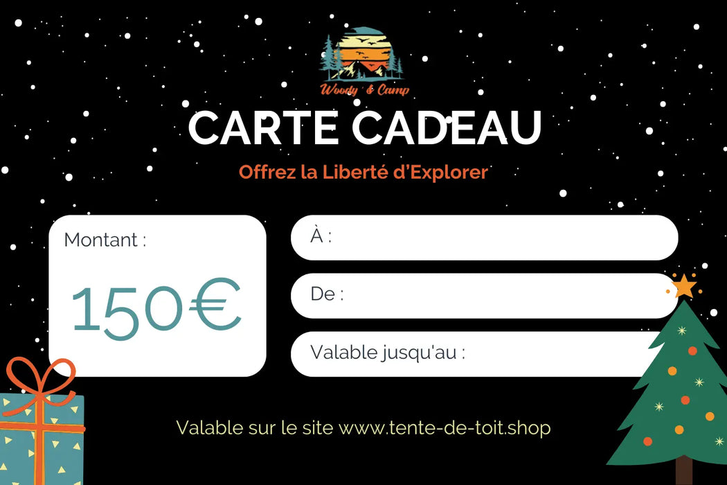 Carte cadeau aventure de 150€ pour une tente de toit et des accessoires de camping, avec un sapin et une illustration cadeau, valable un an.