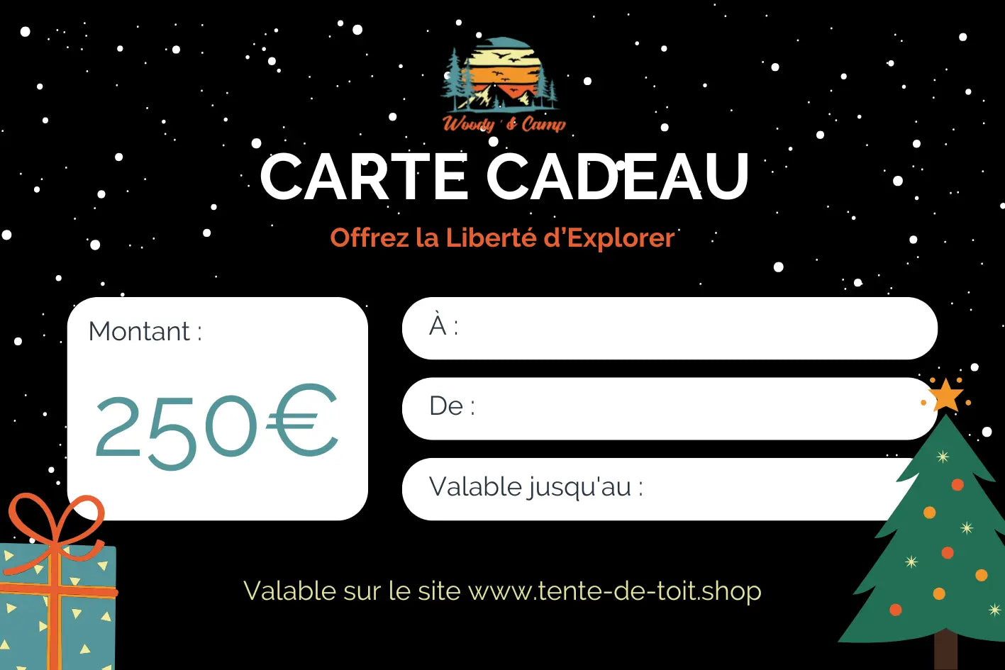 Holiday-themed gift card for camping equipment, showing €250 value with customizable fields for recipient details.