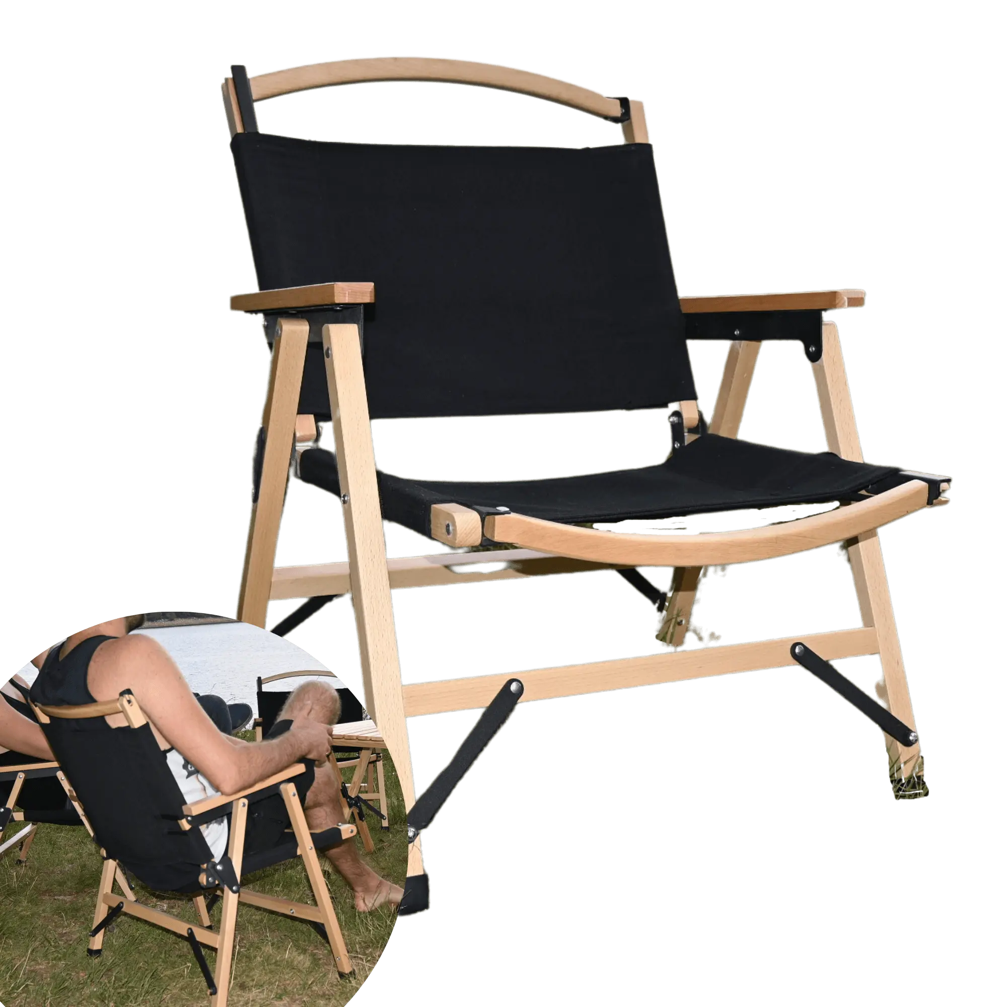 Chaise de Camping Pliable en Bois Noire avec tissu Oxford 600D, idéale pour le camping et la plage. Facile à transporter.