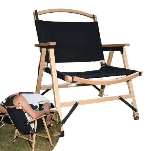 Chaise de camping pliante en bois noir avec tissu Oxford 600D, idéale pour le camping et la plage. Facile à transporter.