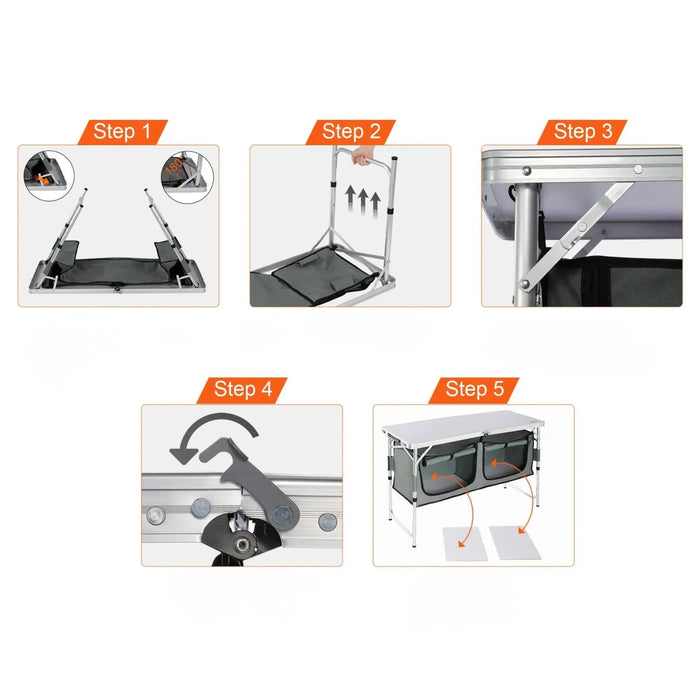 cuisine de camping pliante, meuble cuisine camping, table camping avec rangement, armoire camping pliable, cuisine outdoor portable, table de camping aluminium, meuble vanlife cuisine, équipement camping cuisine, table barbecue extérieure