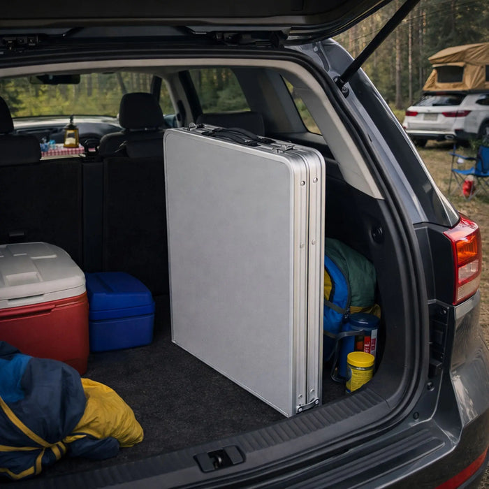 cuisine de camping pliante, meuble cuisine camping, table camping avec rangement, armoire camping pliable, cuisine outdoor portable, table de camping aluminium, meuble vanlife cuisine, équipement camping cuisine, table barbecue extérieure