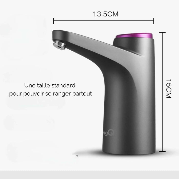 Robinet électrique de camping avec charge USB rapide, 15 cm de hauteur, 13,5 cm de largeur, design compact et portable.