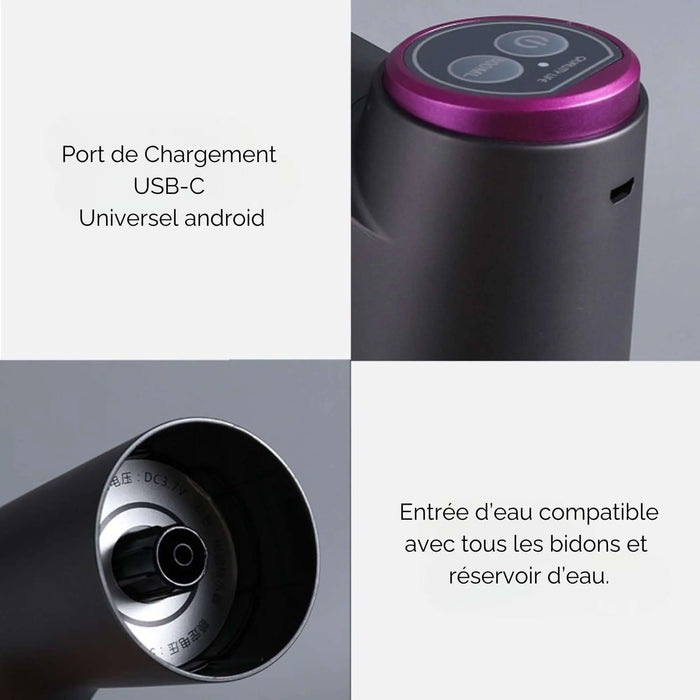 Détails du robinet électrique de camping avec charge USB-C, compatible avec des bidons et réservoirs d’eau, couleur noire et violette.