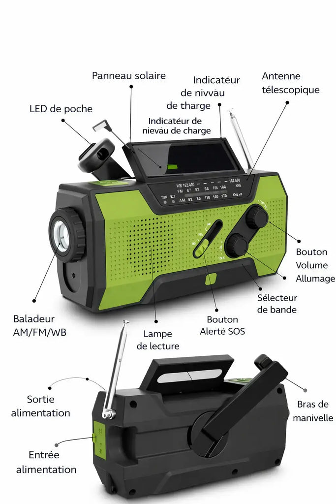Radio de survie multifonction solaire avec manivelle