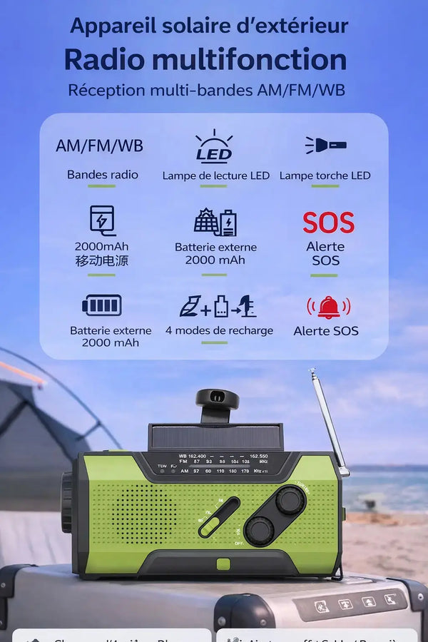 Radio de Survie Solaire Multifonction – Manivelle, Powerbank & Lampe d’Urgence