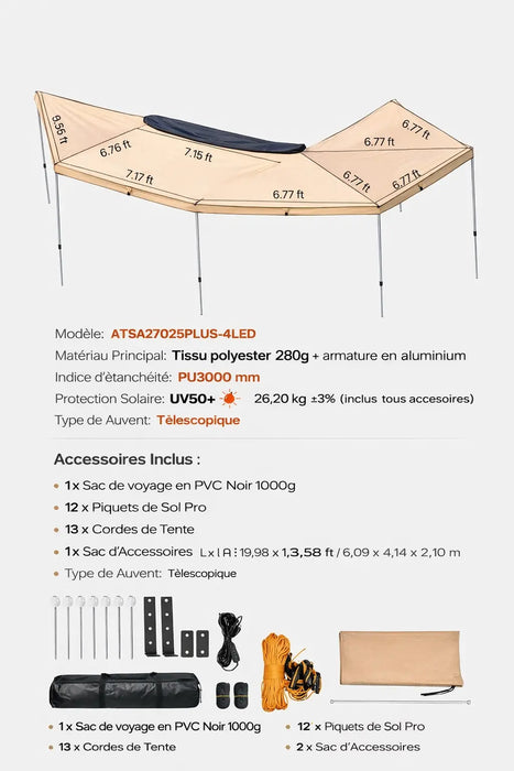 Auvent autoportant 270° Latéral pour Véhicule 6,09 x 2,10 m – UV50+, PU3000 mm Woody's Camp