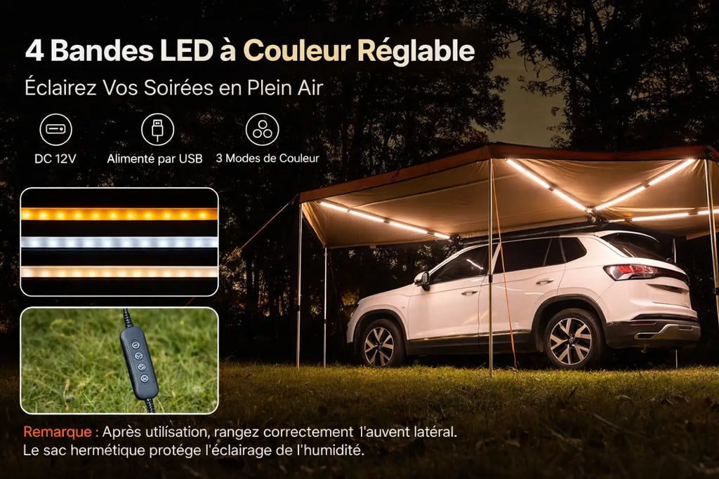 Auvent 270° : armature aluminium autoportante et déploiement rapide