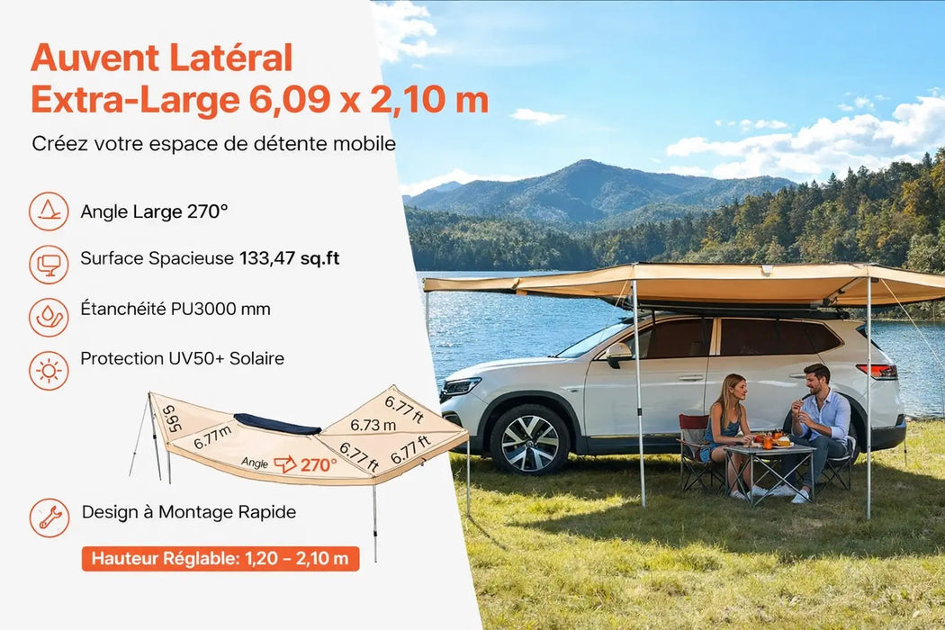 Auvent autoportant 270° Latéral pour Véhicule 6,09 x 2,10 m – UV50+, PU3000 mm Woody's Camp