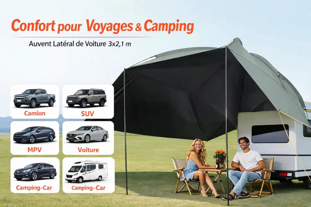 Auvent latéral voiture : structure résistante au vent, montage rapide