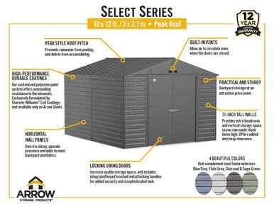 Arrow Select Steel Storage Shed, 10x12, Charcoal