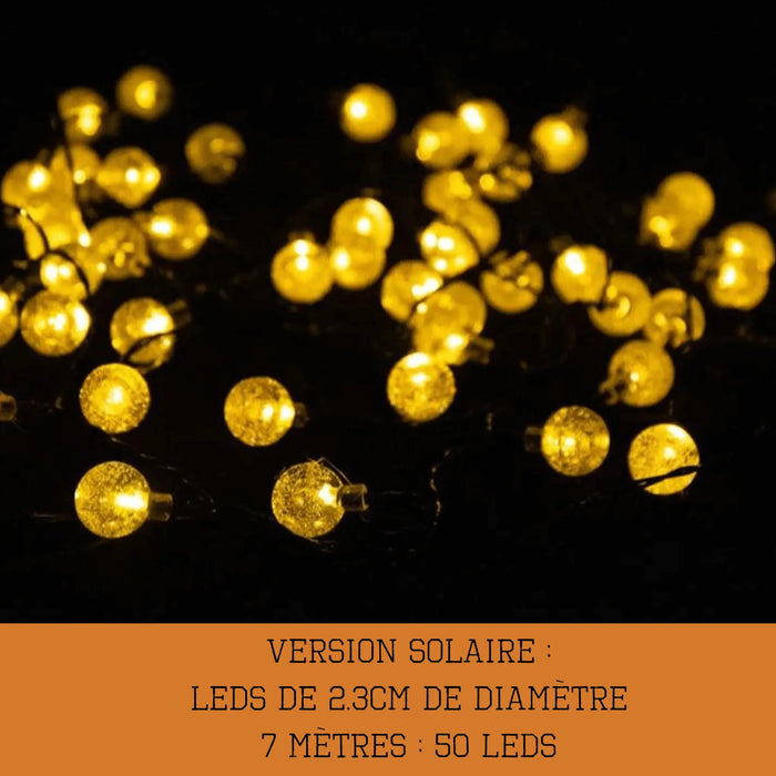 Guirlande LED étanche de 7 m avec recharge solaire, 50 LED de 2,3 cm de diamètre, lumière chaude pour le camping en plein air.