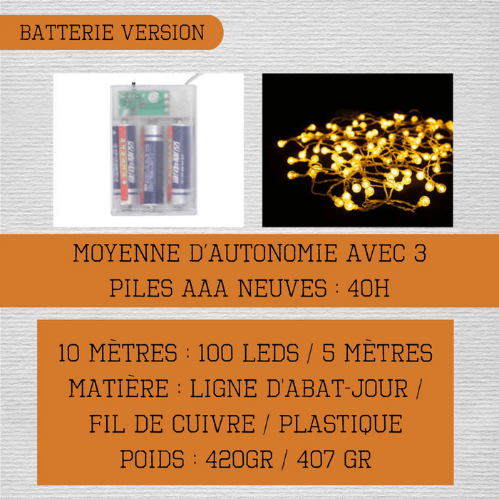 Guirlande LED de camping à batterie, 100 LEDs, alimentée par des piles AAA, autonomie de 40 heures, longueur de 10 mètres, en plastique et cuivre.
