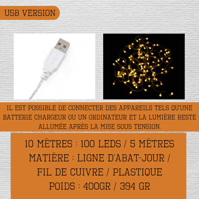 Guirlande LED USB 10 mètres pour tente de toit, 100 LEDs, légère, en plastique/cuivre, éclairage économique pour le camping.