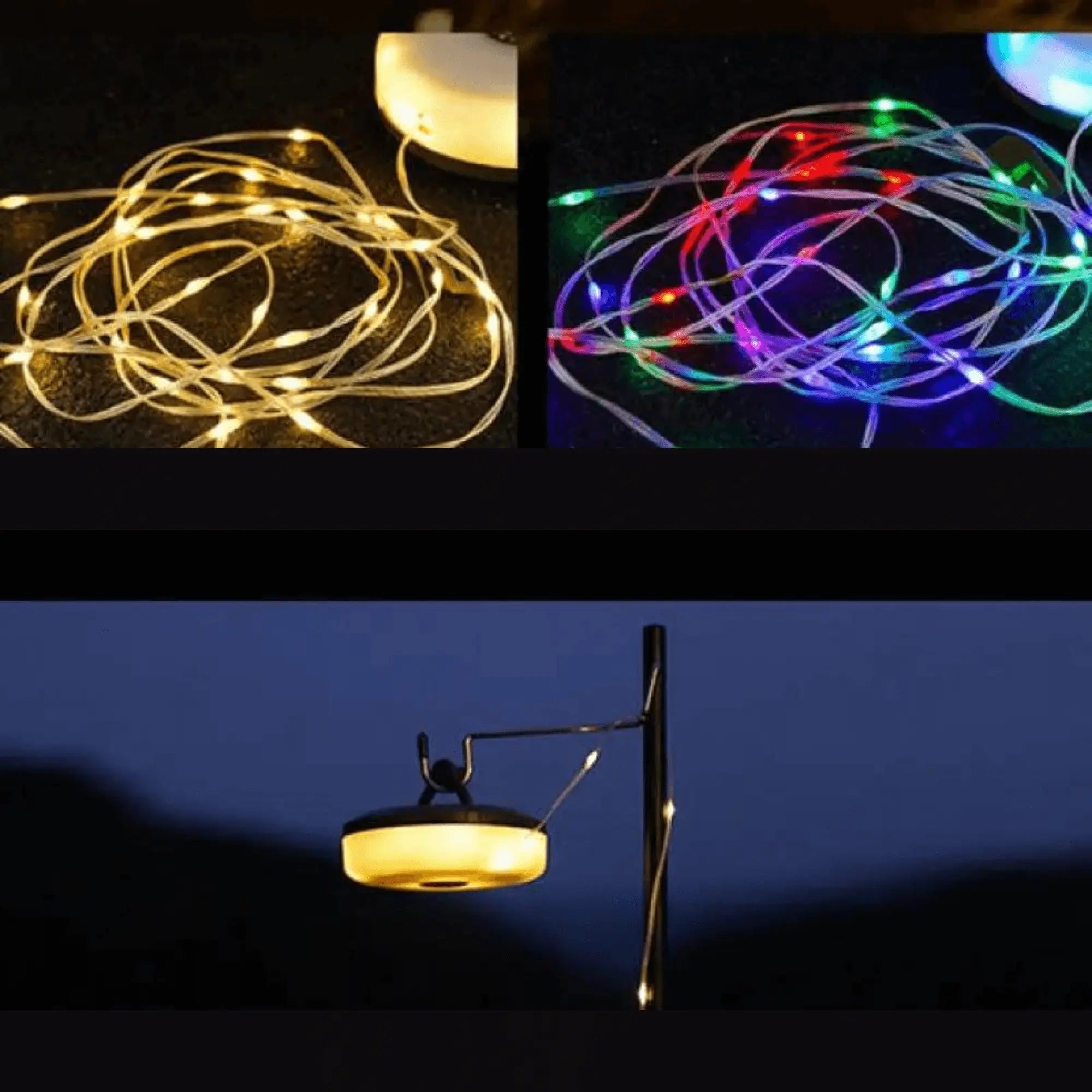 Portable waterproof string lights with warm and multicolored hues, perfect for outdoor tents and evening gatherings.