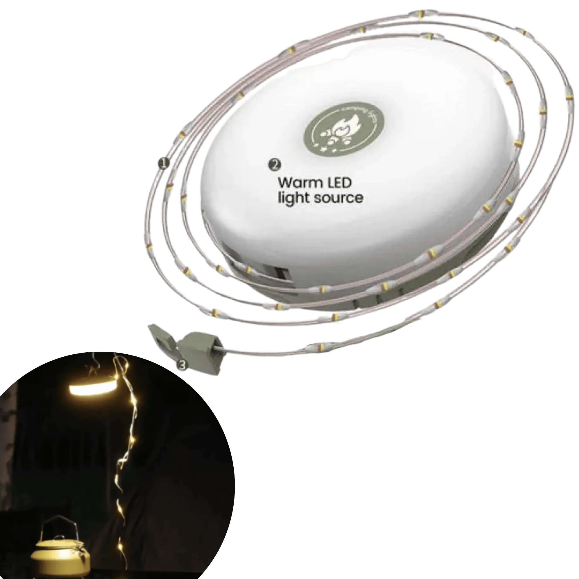 Portable waterproof LED string lights with easy crank deployment for outdoor camping and tent decoration.