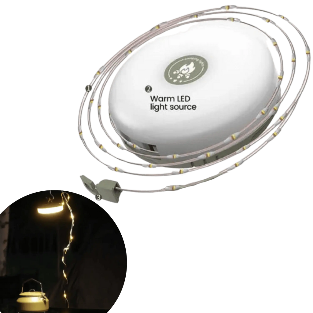 Portable waterproof LED string lights with easy crank deployment for outdoor camping and tent decoration.