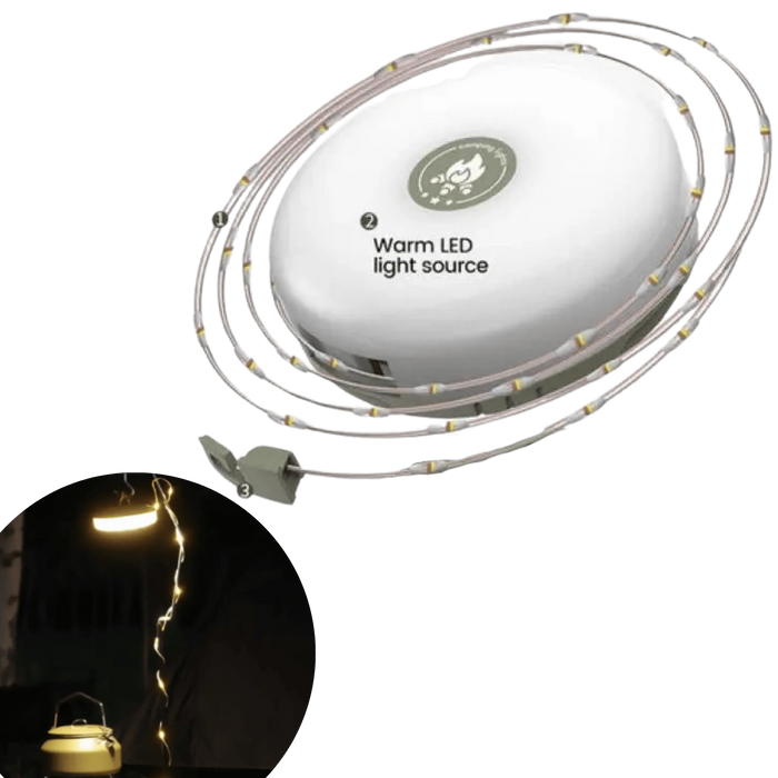 Des guirlandes lumineuses LED étanches et portables avec un déploiement facile à manivelle, idéales pour le camping en extérieur et la décoration de tentes.