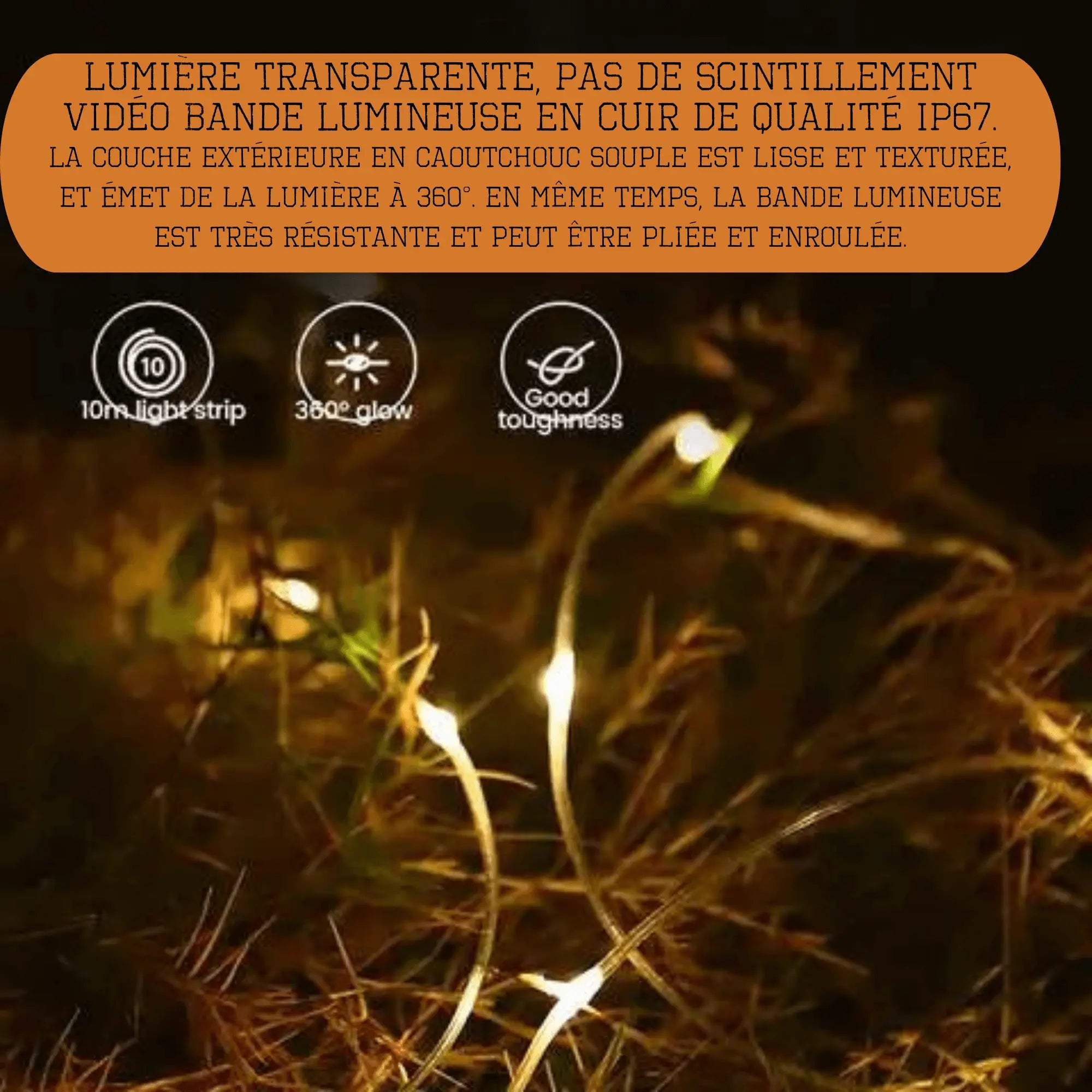 Translucent outdoor string lights with IP67 waterproof rating, flexible design, glowing softly in a dark natural setting.