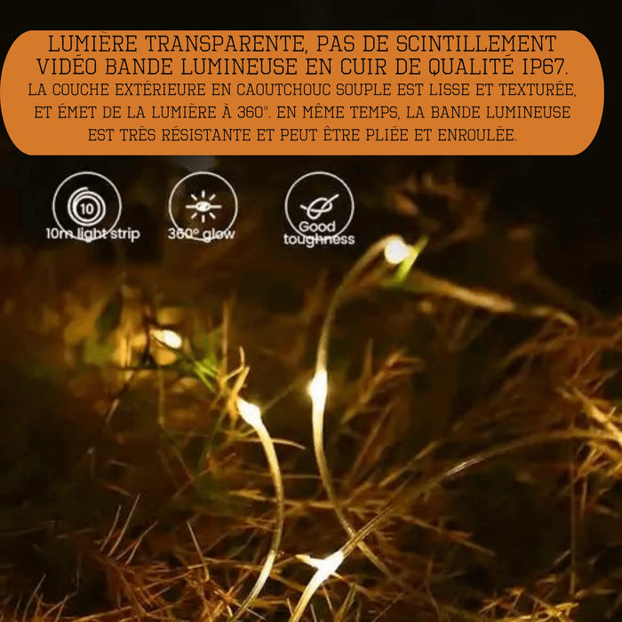 Guirlandes lumineuses extérieures translucides avec un indice d'étanchéité IP67, au design flexible, émettant une douce lueur dans un environnement naturel sombre.