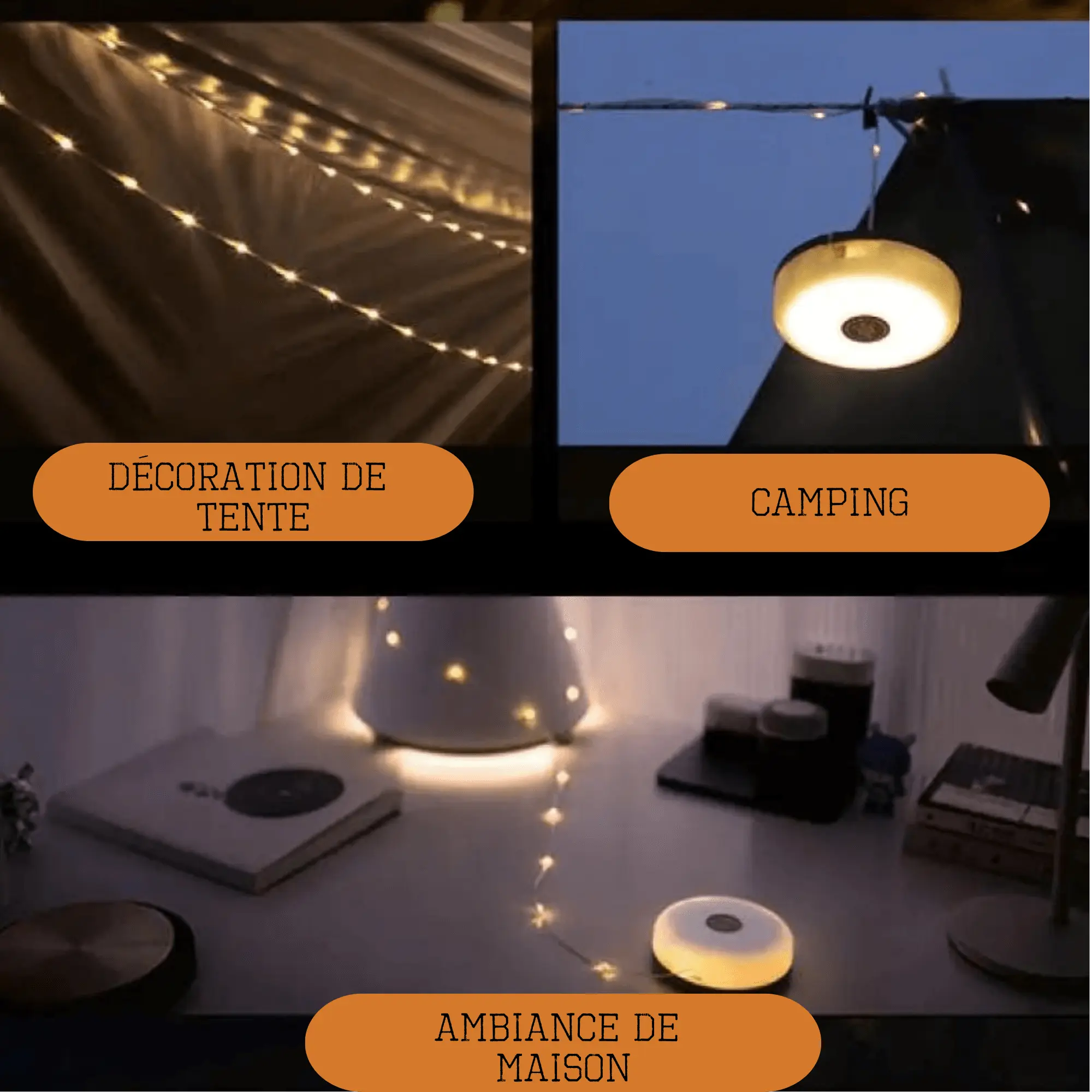 Portable waterproof string lights for tent decoration, camping, and home ambiance, showcasing warm glowing LED illumination.