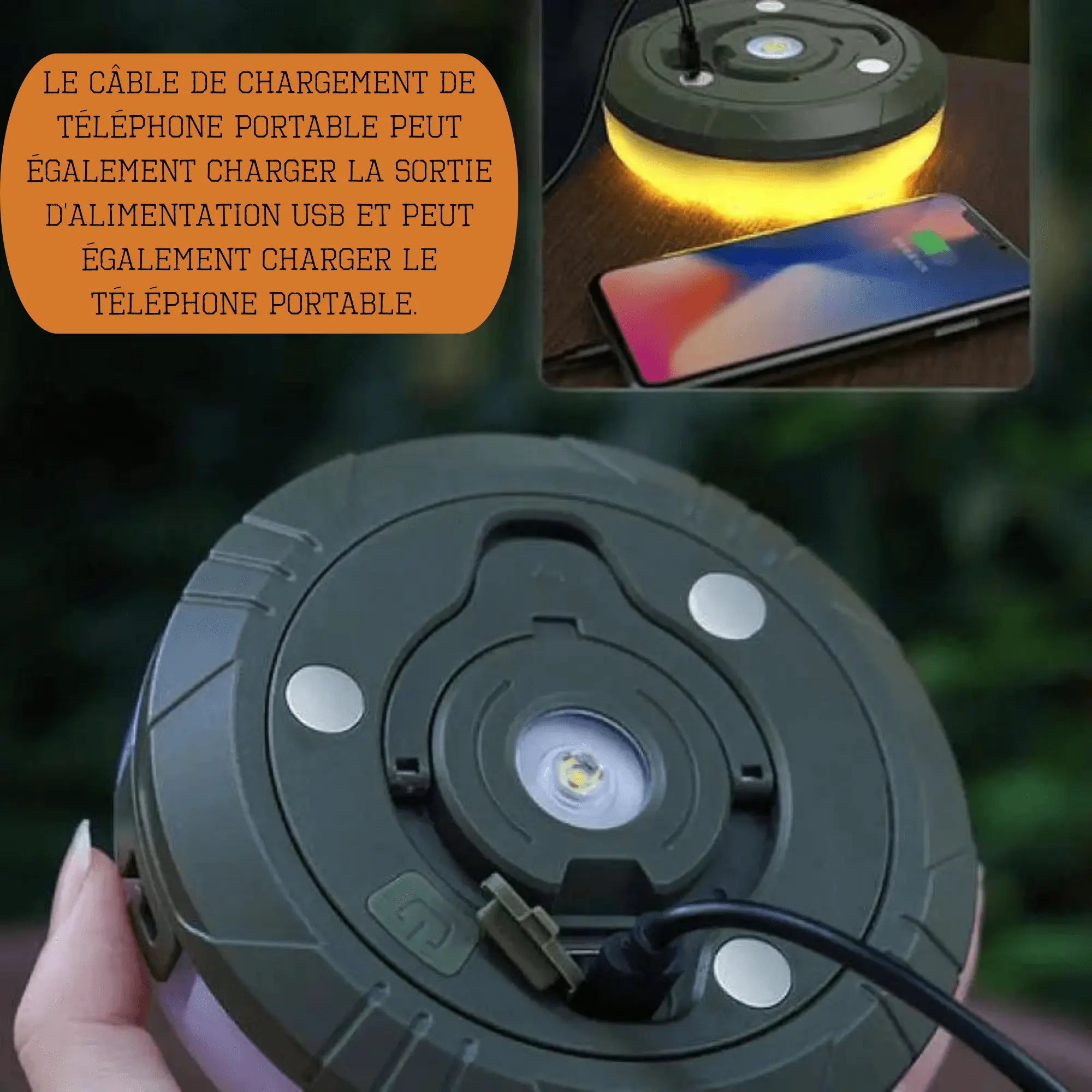 Portable LED light with USB charging feature, shown with a charging cable and smartphone, ideal for outdoor use.