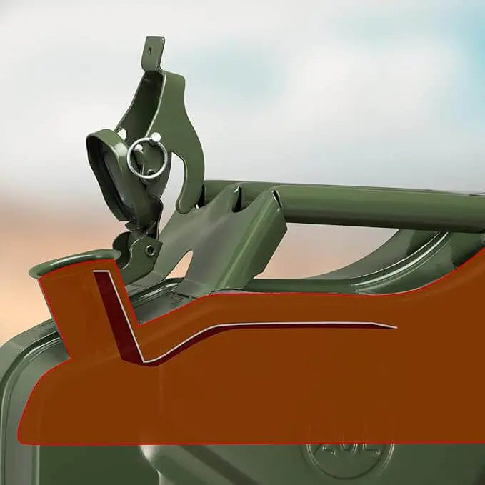 Gros plan sur un jerrycan en métal vert de 20L au design robuste pour un stockage sécurisé des liquides, avec un intérieur résistant à la corrosion.
