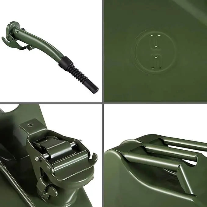Détails rapprochés d'un jerrican en métal vert avec un embout, un couvercle et des poignées, idéal pour le stockage et le transport sécurisés de liquides.