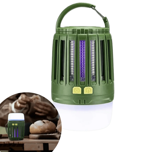 Lampe anti-moustique multifonction pour éclairage et protection en camping, compacte et efficace contre les moustiques.