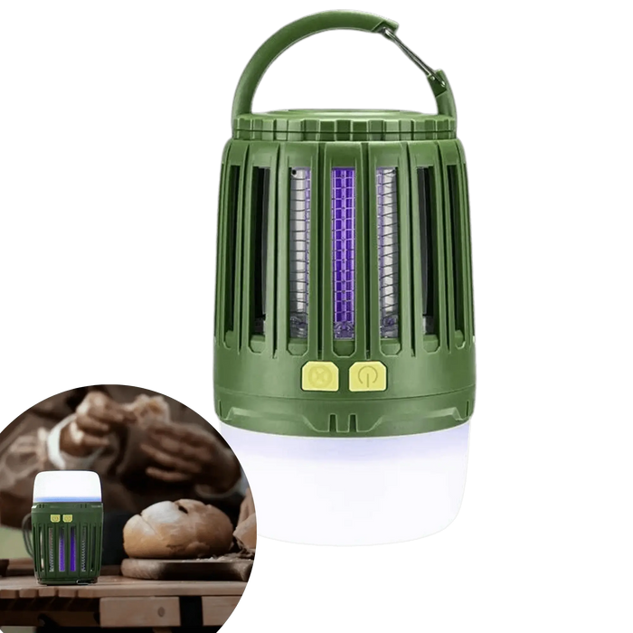 Lampe anti-moustique multifonction pour éclairage et protection en camping, compacte et efficace contre les moustiques.