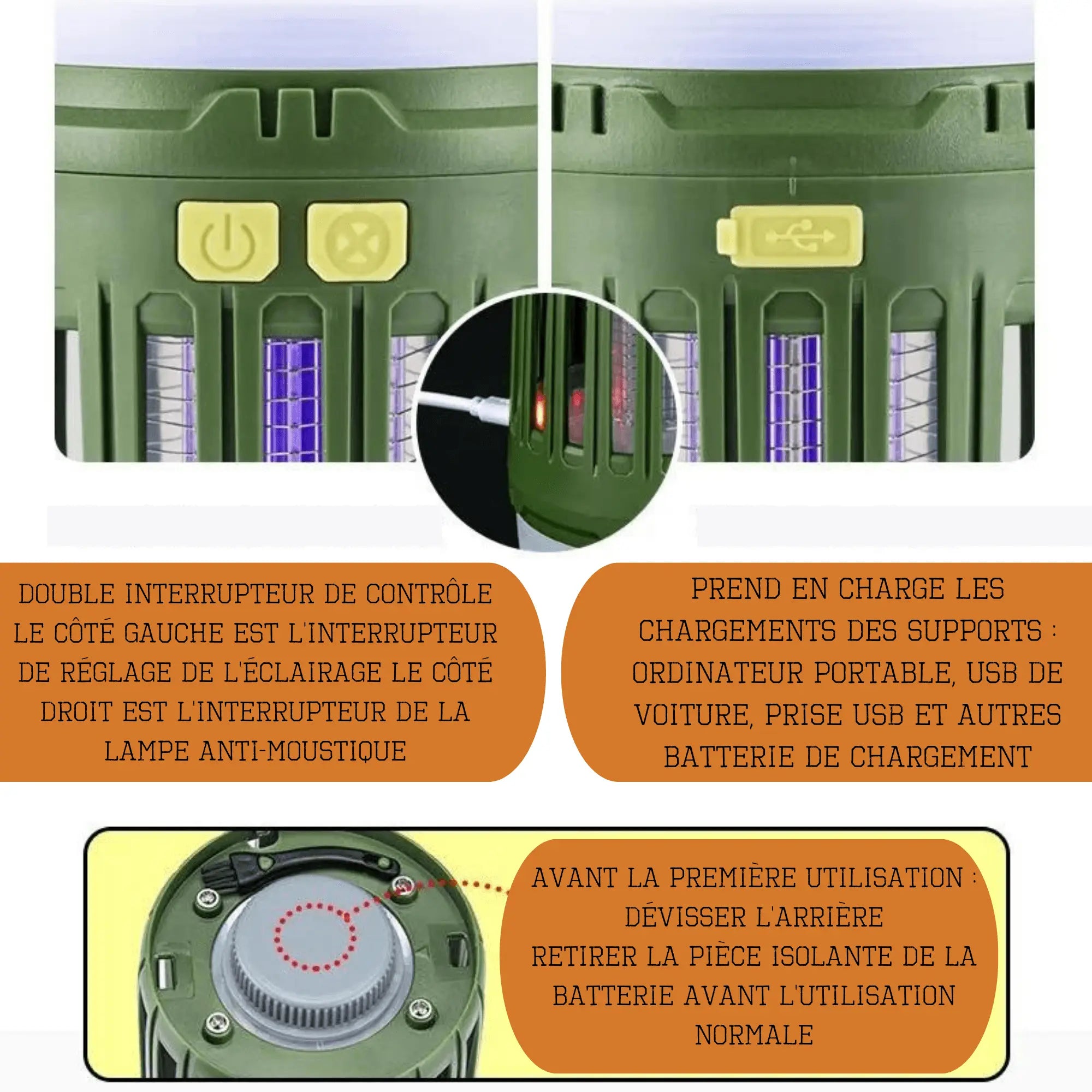 Lampe Anti-Moustique Multifonction avec double interrupteur de contrôle et ports de charge USB pour camping.