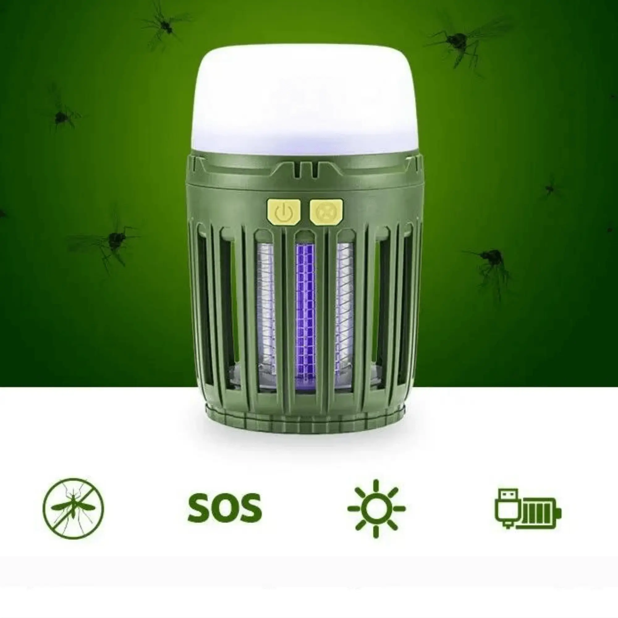 Compact multifunctional mosquito lamp with green design, offering anti-mosquito protection and lighting for camping, features visible.