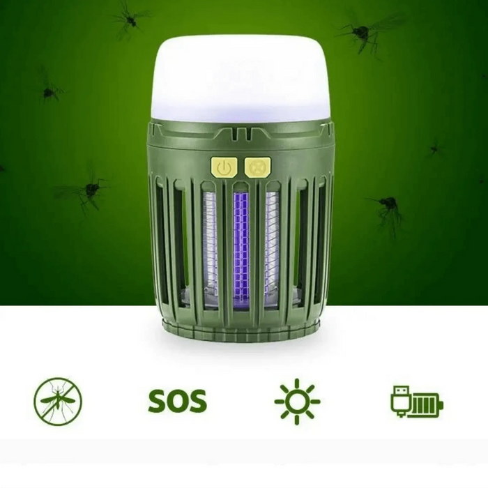 Lampe anti-moustiques compacte et multifonctionnelle avec un design vert, offrant une protection contre les moustiques et un éclairage pour le camping.