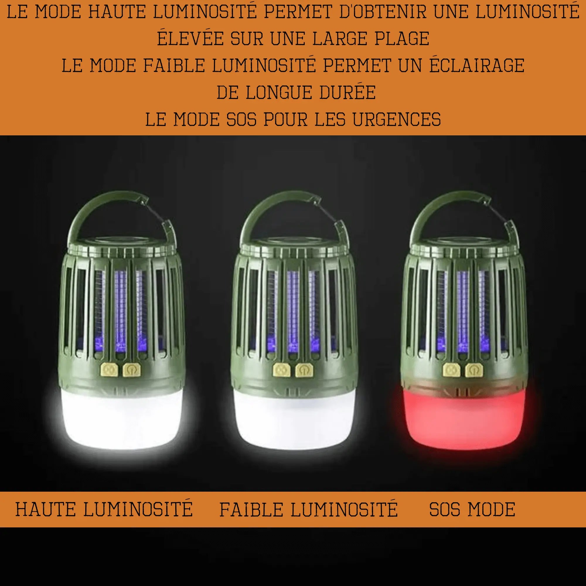 Lampe anti-moustique multifonction avec modes de luminosité variable, idéale pour camping, haute luminosité, faible luminosité, et SOS.