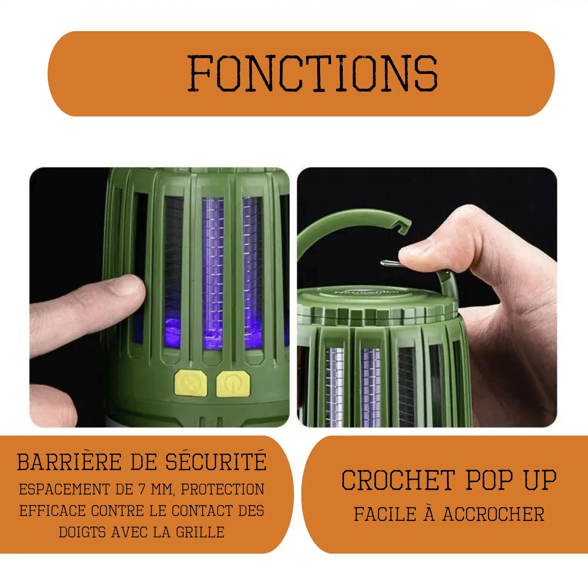 Lampe anti-moustique multifonction avec barrière de sécurité et crochet pop-up, idéale pour le camping et la protection contre les insectes.