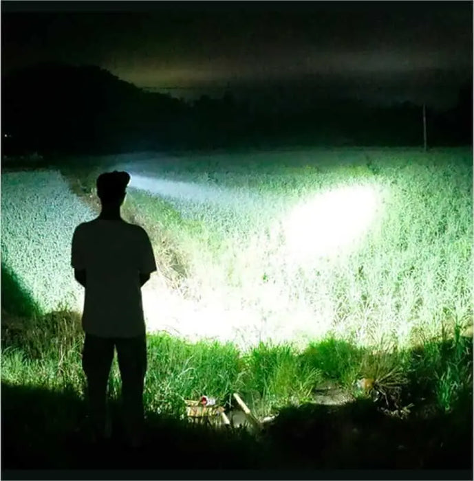 Un homme se tenant dans un champ utilisant une lampe frontale haute puissance la nuit, éclairant brillamment les alentours pour une aventure de camping en plein air.