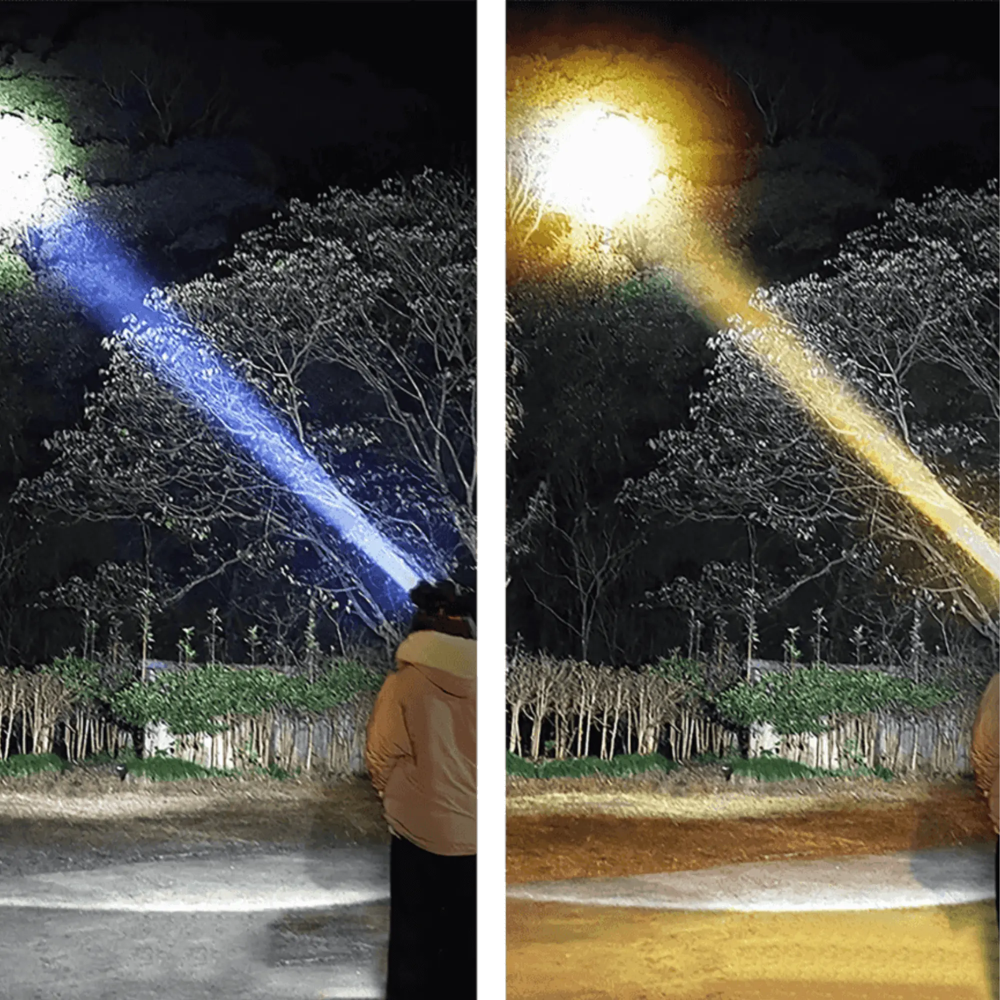 High-power headlamp illuminating outdoors with powerful beams, perfect for night camping and exploration activities.