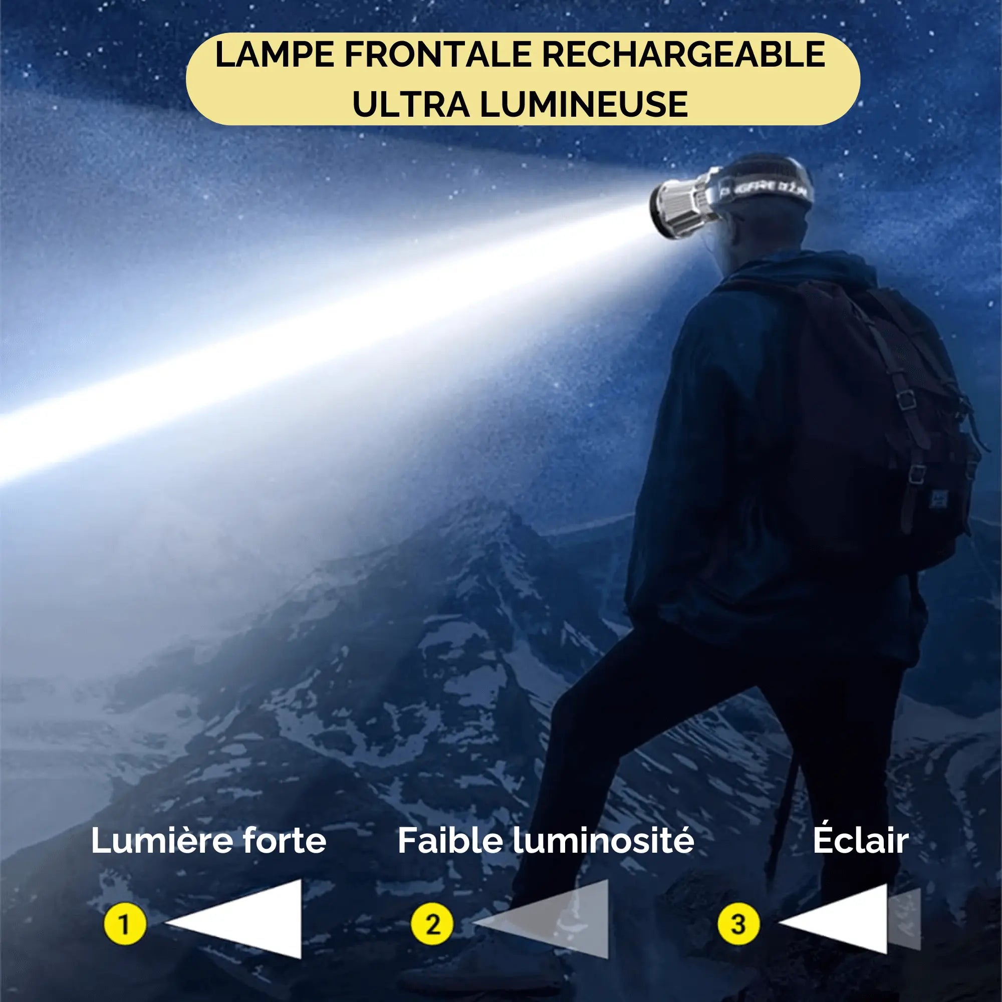 Person using high-power headlamp on mountain, showcasing strong beam distance and modes for outdoor camping and exploration.