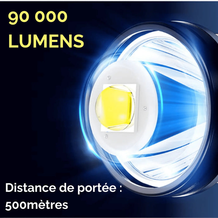 Lampe frontale ultra lumineuse de 90 000 lumens avec une portée de 500 mètres, idéale pour le camping sauvage et l'exploration en pleine nature.