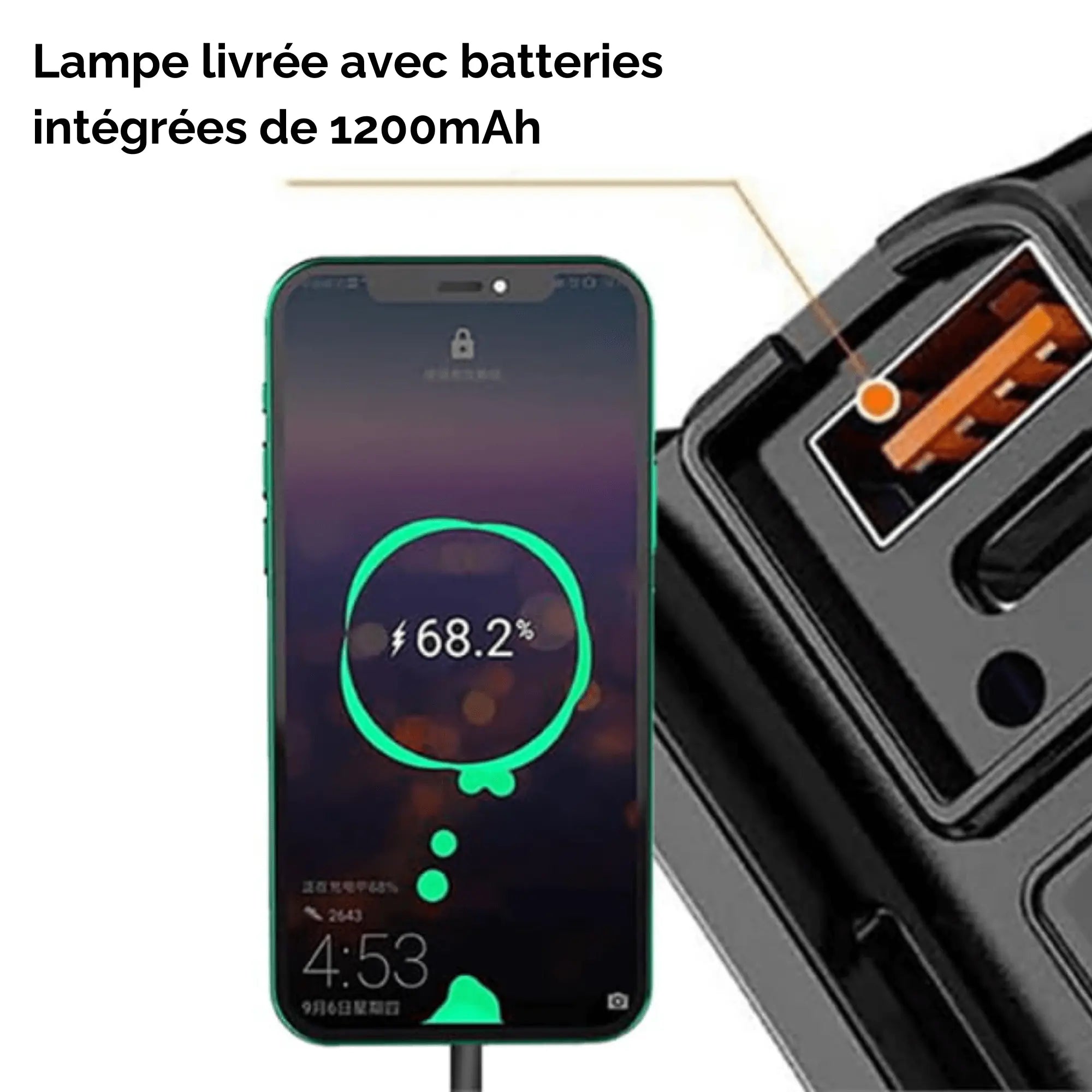 Lampe frontale chargeant un smartphone, équipée de batteries intégrées 1200mAh pour camping et activités outdoor.