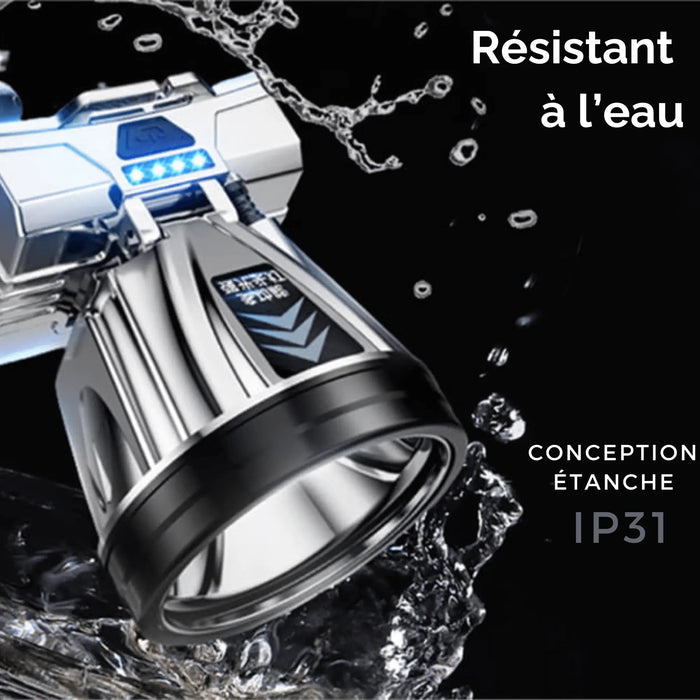 Lampe frontale haute puissance IP31, résistante à l'eau pour le camping et les activités de plein air.