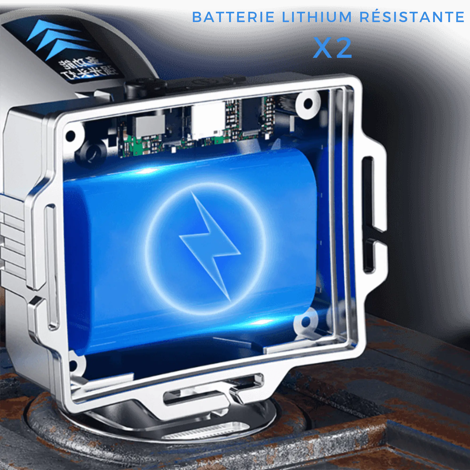 Close-up of durable lithium battery in powerful outdoor headlamp for enhanced camping and exploration experiences.
