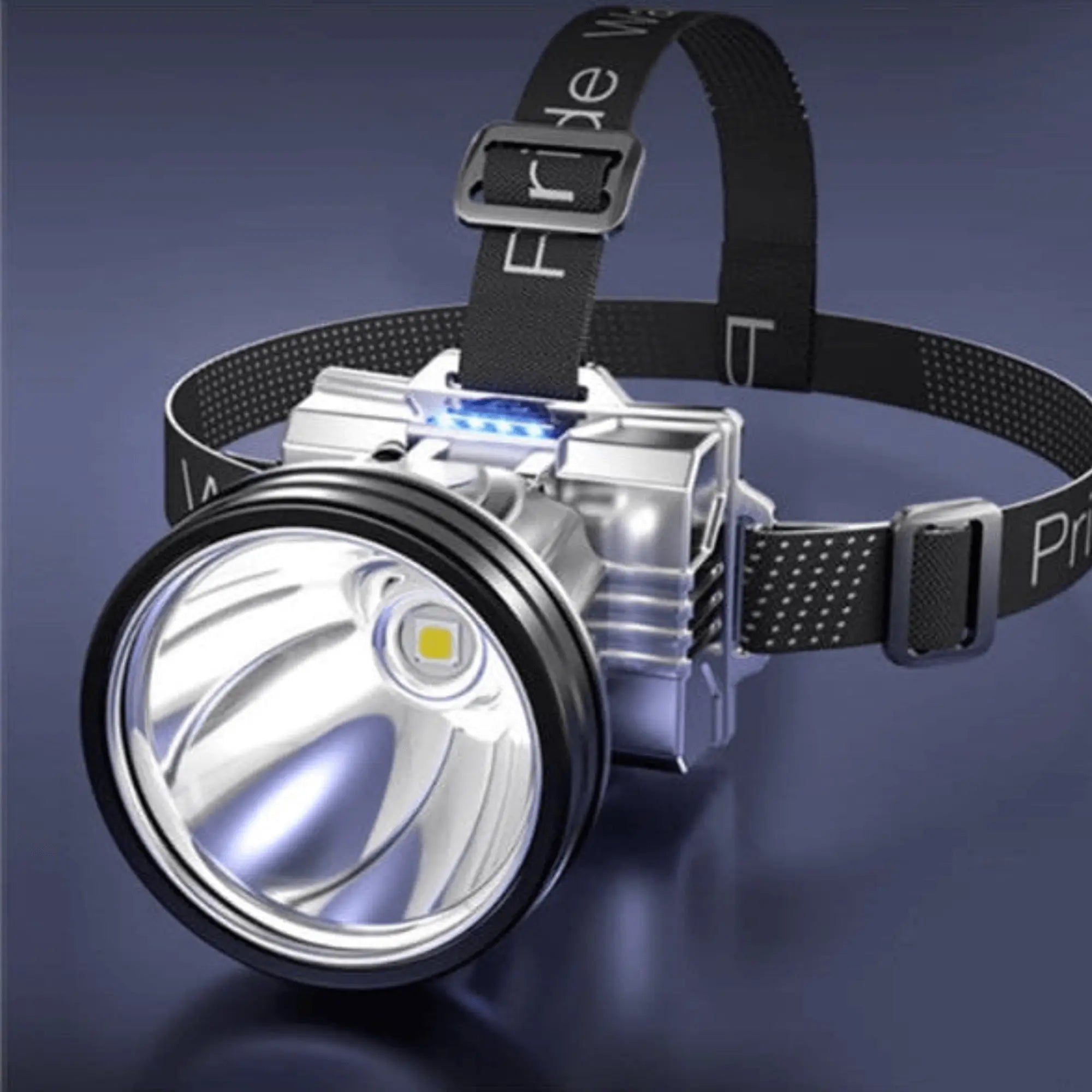 Lampe frontale haute puissance ultra lumineuse pour camping sauvage et outdoor, avec luminosité 90,000 lumens et portée 500m.