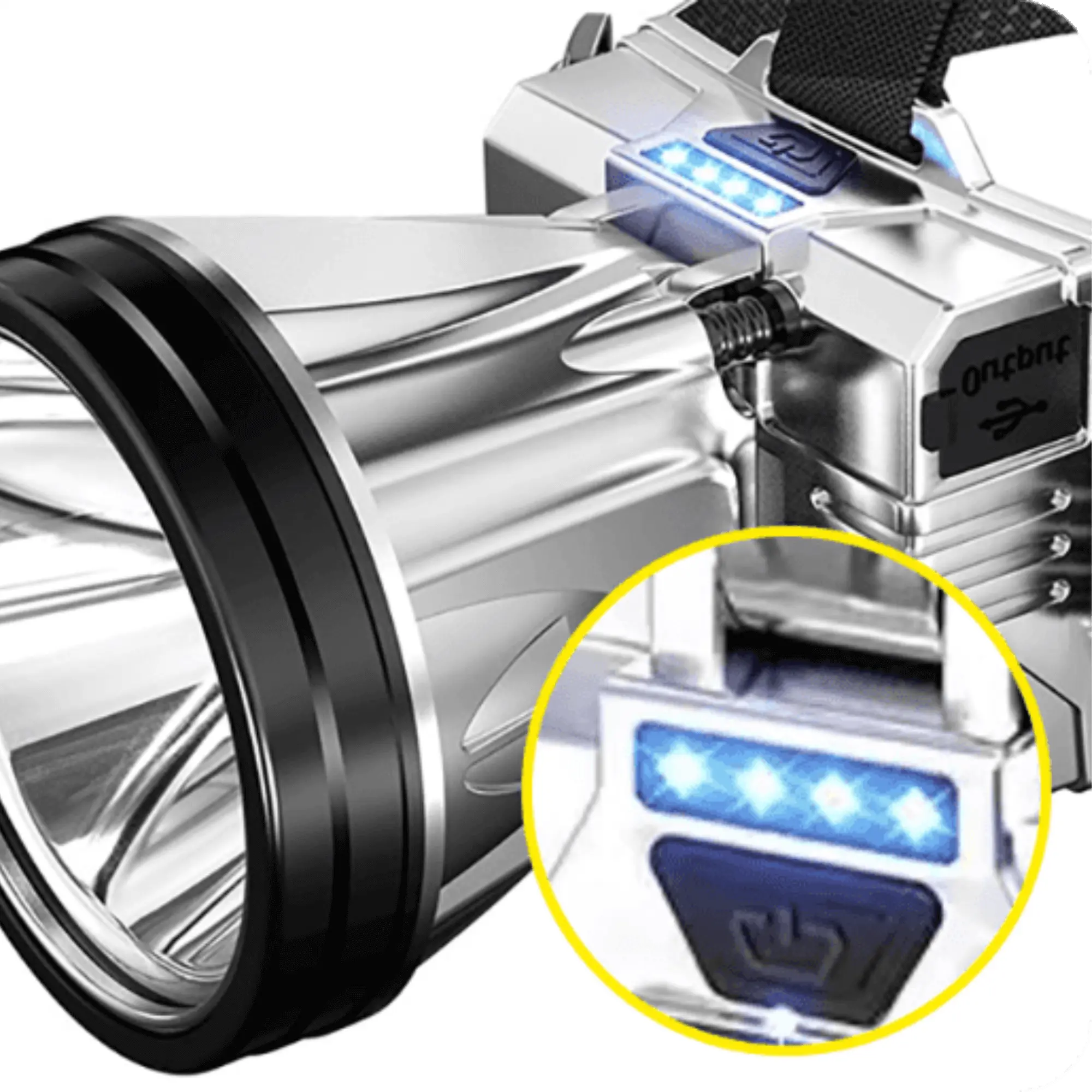 Lampe Frontale Haute Puissance, ultra lumineuse pour le camping sauvage et l'outdoor, avec indicateur LED et structure robuste.