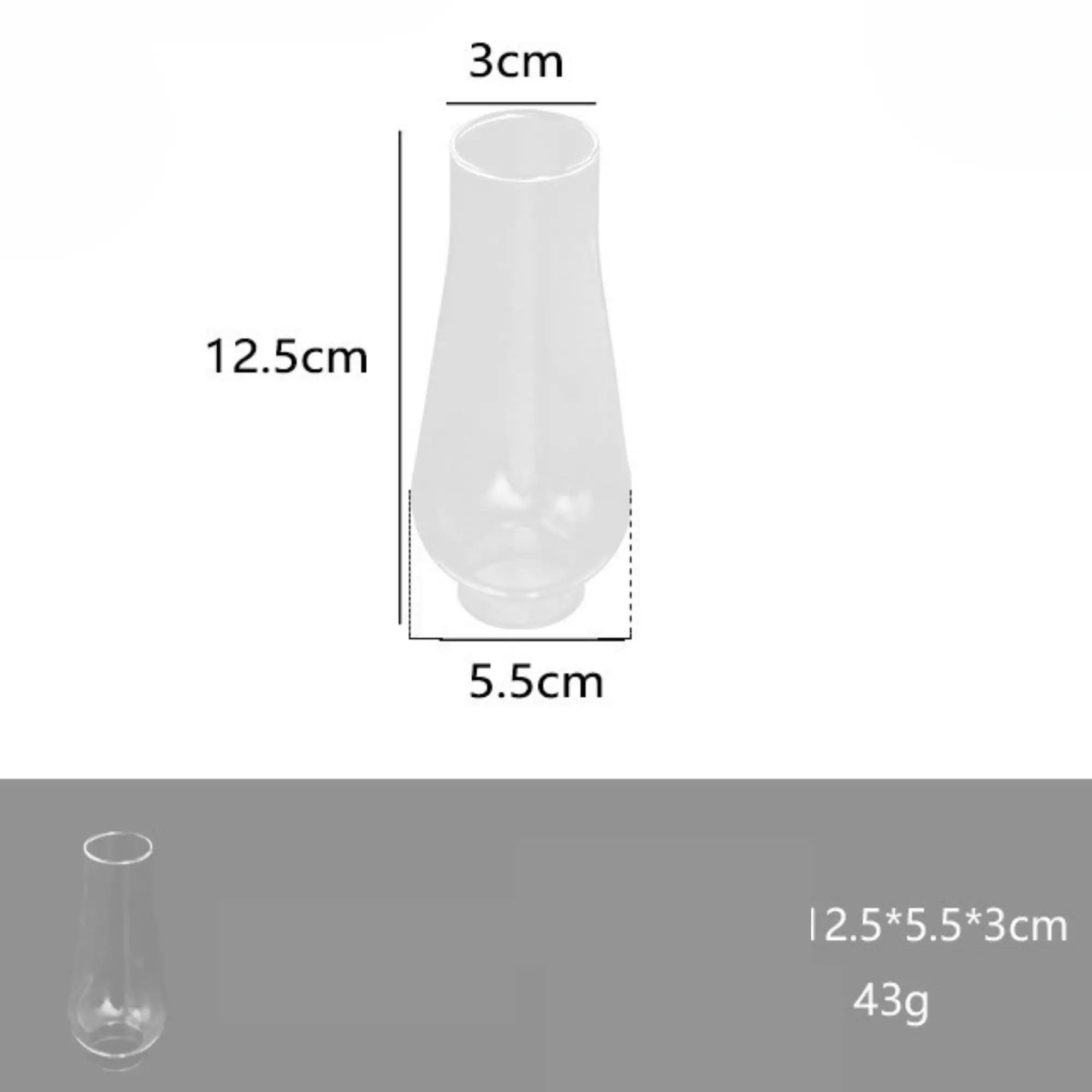 Dimensions d'une lampe lanterne à gaz de camping avec une hauteur de 12.5 cm et un poids de 43 g, idéale pour éclairage extérieur.